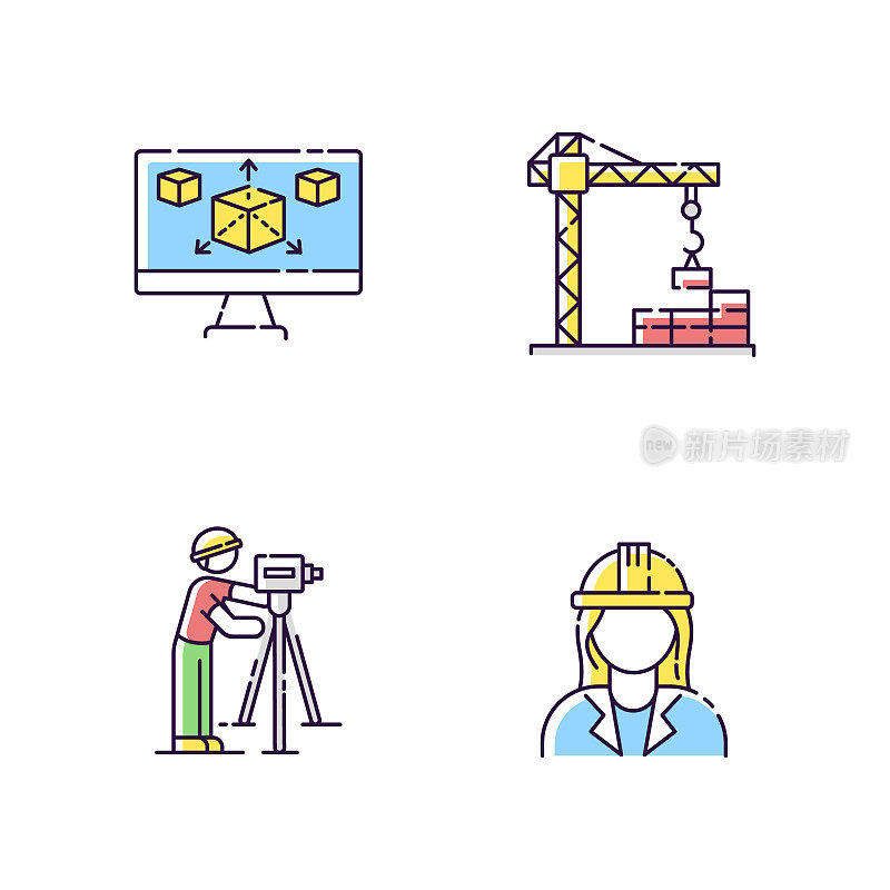 Construction building process RGB color icons set